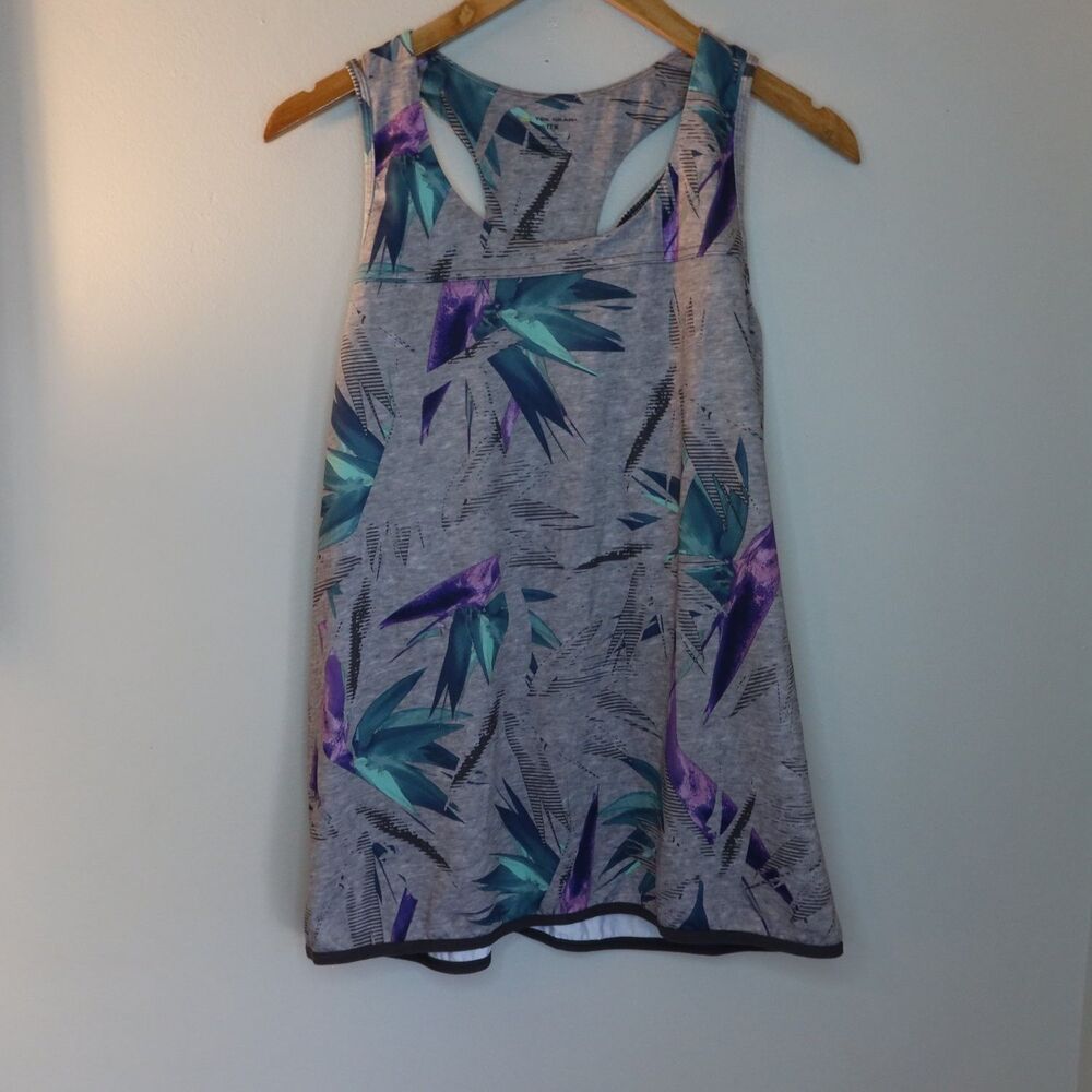 Tek Gear Activewear Tank Top DryTek Womens L Gray Floral Sleeveless Cutout